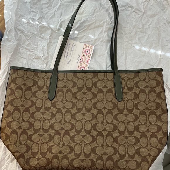 Coach authentic“Coach City Tote Bag” with silver hardware and army green straps - Picture 2 of 15